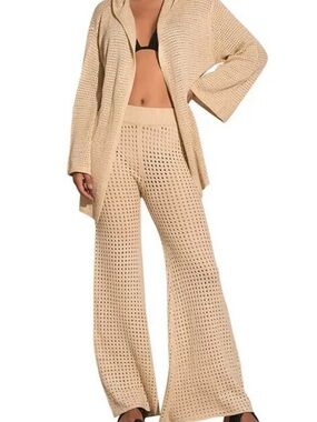 Elan Ladies Beige Open-Knit Wide Leg Cover Up Pants
